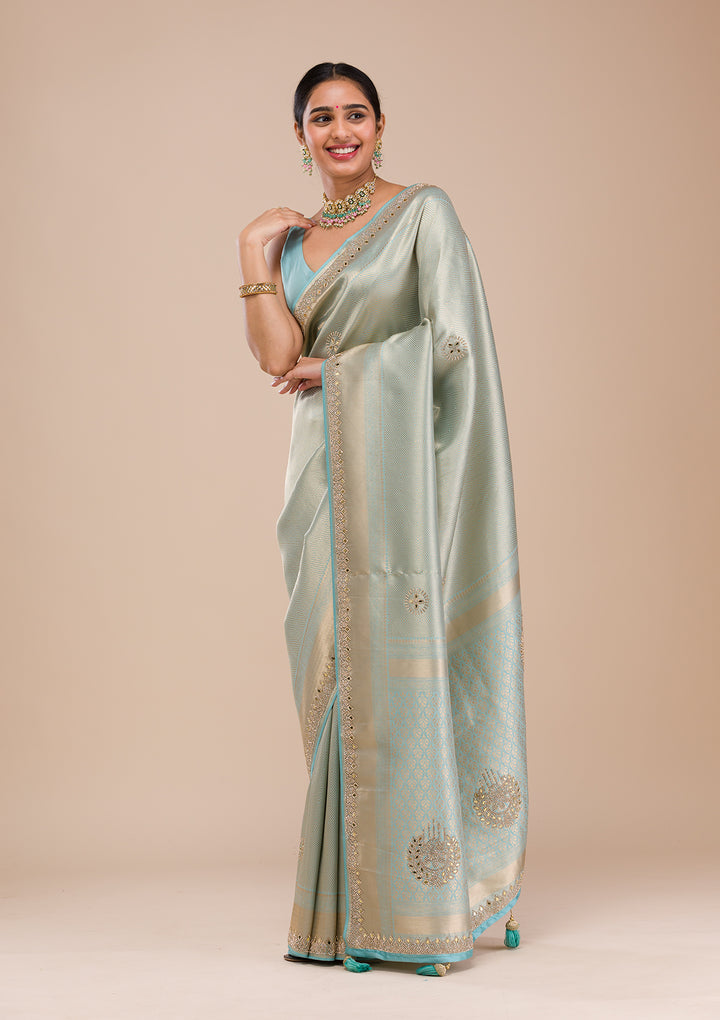 Sky Blue Mirrorwork Silk Saree