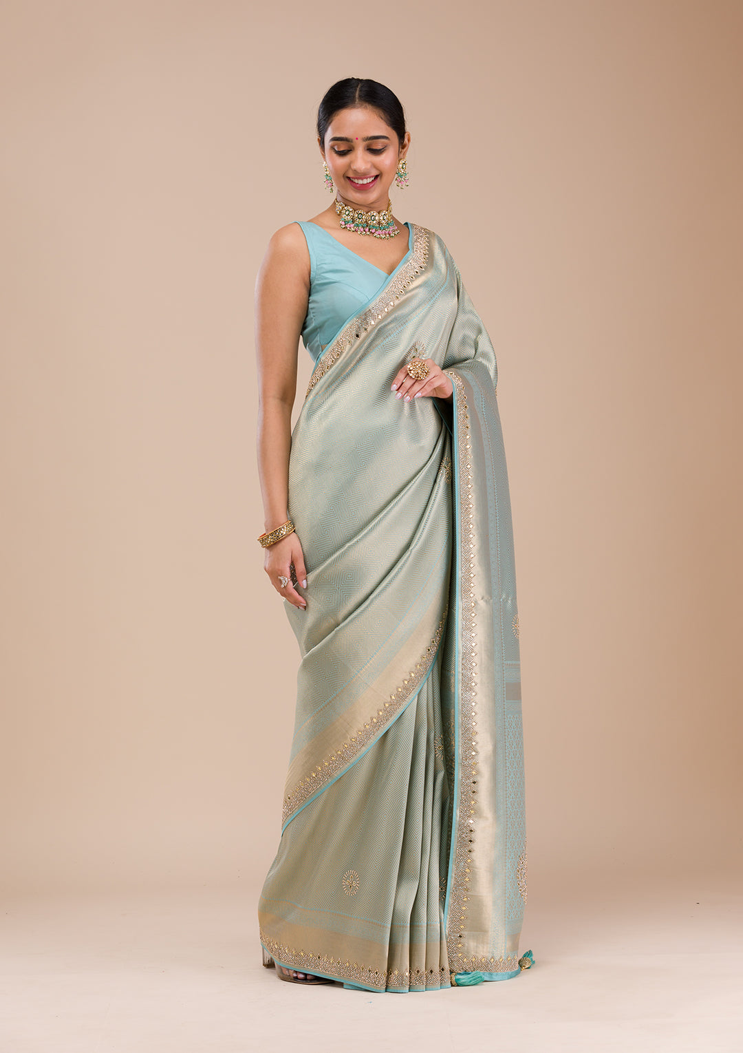 Sky Blue Mirrorwork Silk Saree