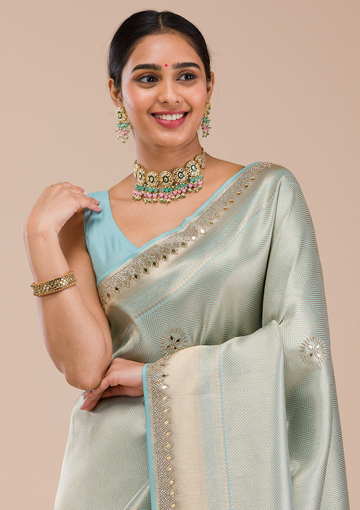 Sky Blue Mirrorwork Silk Saree
