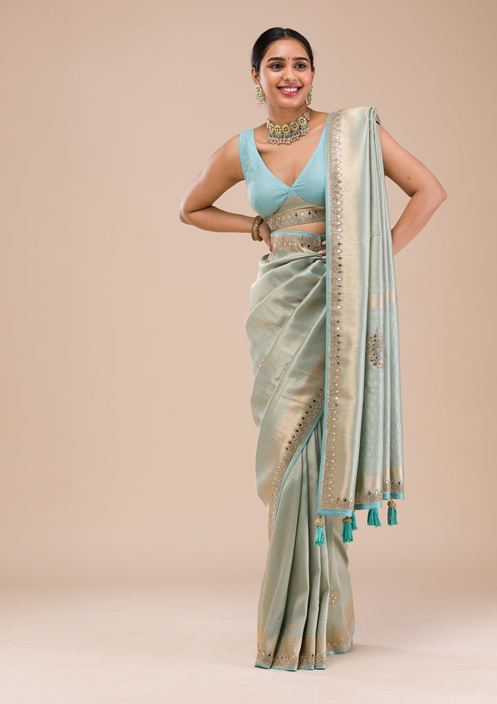 Sky Blue Mirrorwork Silk Saree