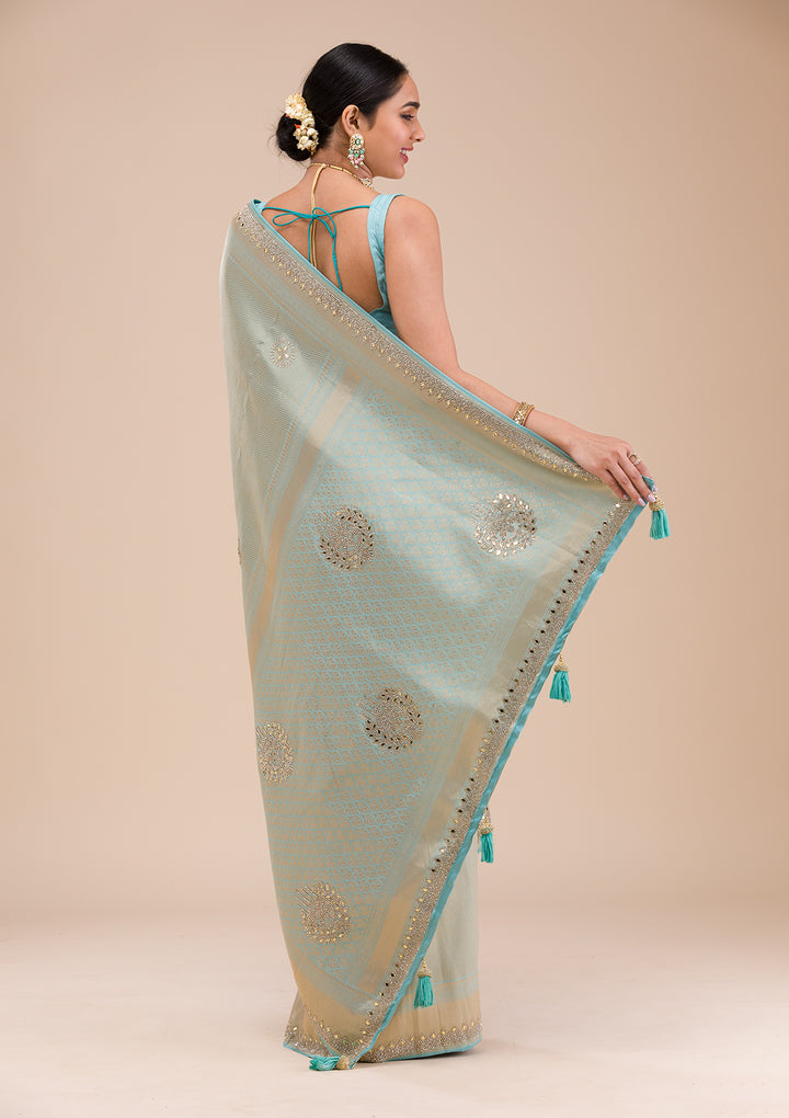 Sky Blue Mirrorwork Silk Saree