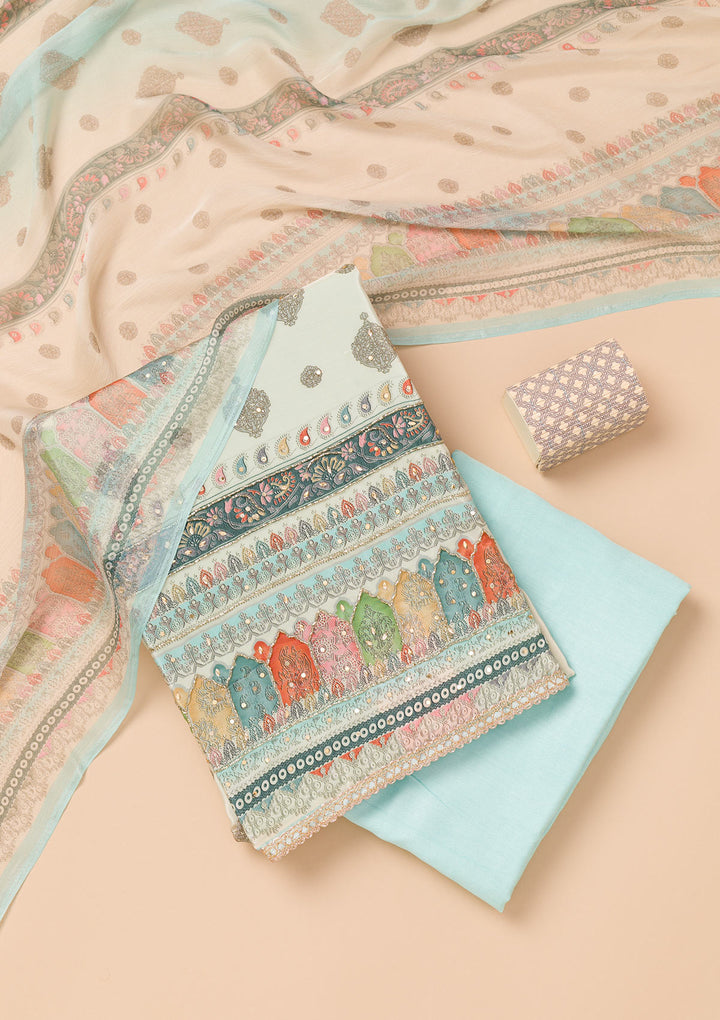 Sky Blue Multi Crepe Threadwork Unstitched Dress Material With Matching Bottom And Dupatta