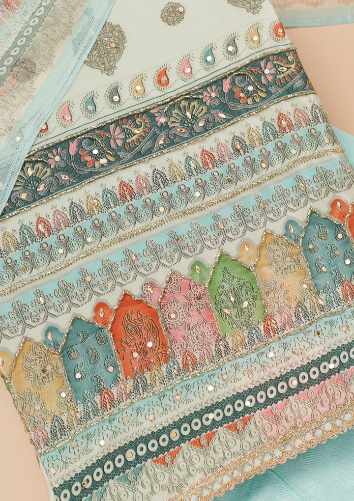 Sky Blue Multi Crepe Threadwork Unstitched Dress Material With Matching Bottom And Dupatta