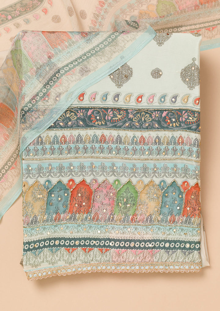 Sky Blue Multi Crepe Threadwork Unstitched Dress Material With Matching Bottom And Dupatta