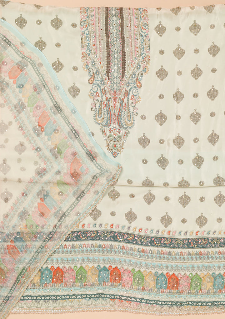 Sky Blue Multi Crepe Threadwork Unstitched Dress Material With Matching Bottom And Dupatta