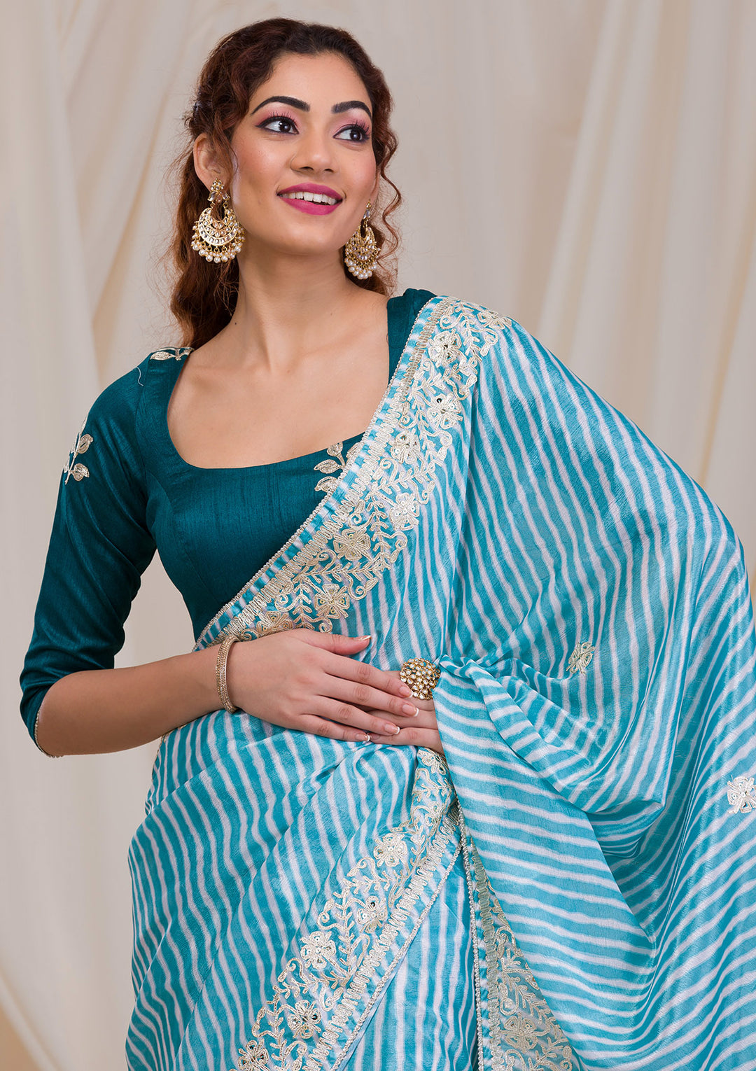 Sky Blue Satin Leheria Gotapatti Saree With Matching Blouse Piece