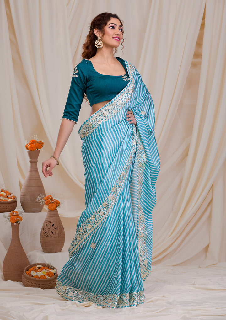 Sky Blue Satin Leheria Gotapatti Saree With Matching Blouse Piece