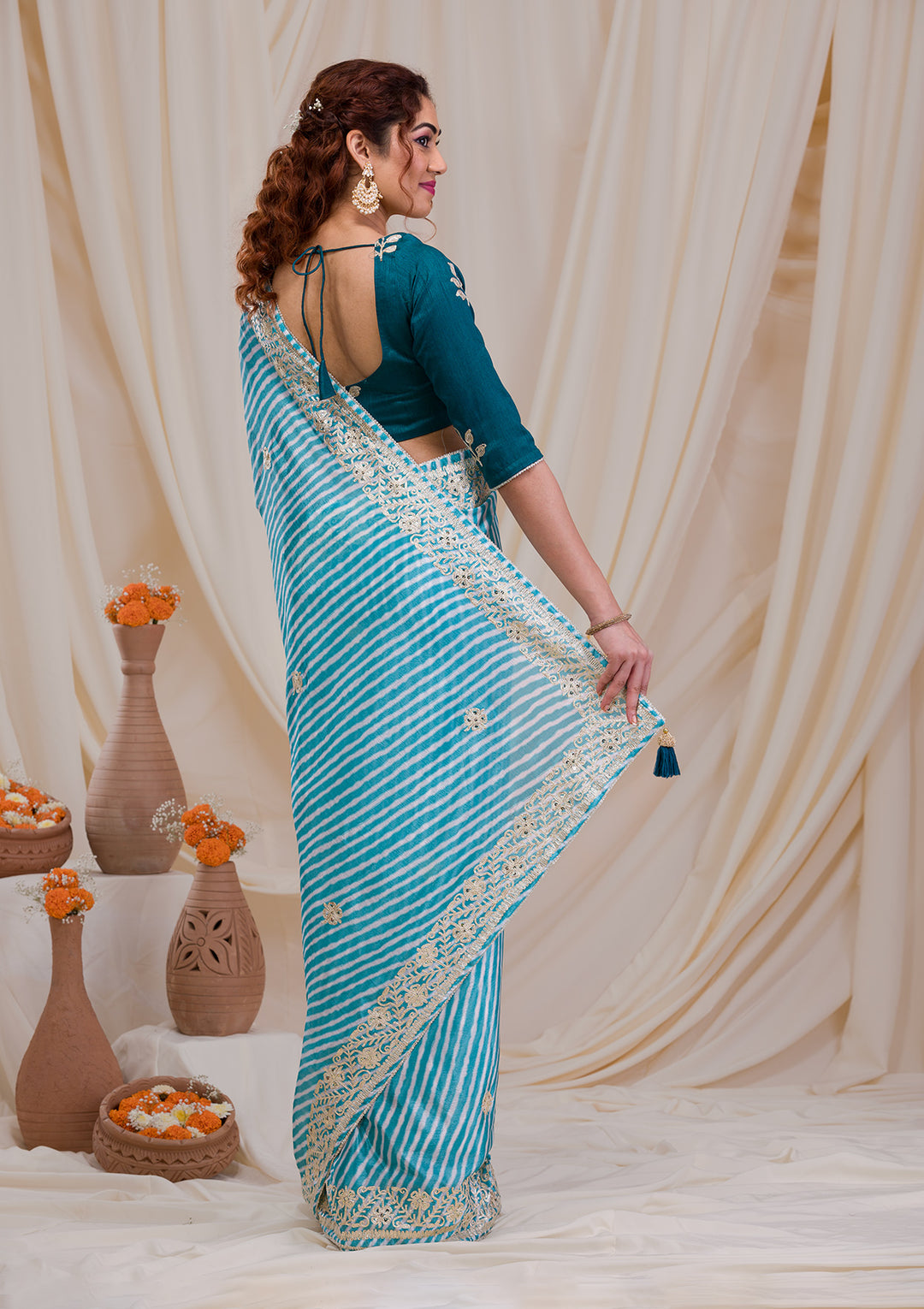 Sky Blue Satin Leheria Gotapatti Saree With Matching Blouse Piece