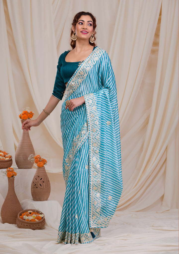 Sky Blue Satin Leheria Gotapatti Saree With Matching Blouse Piece
