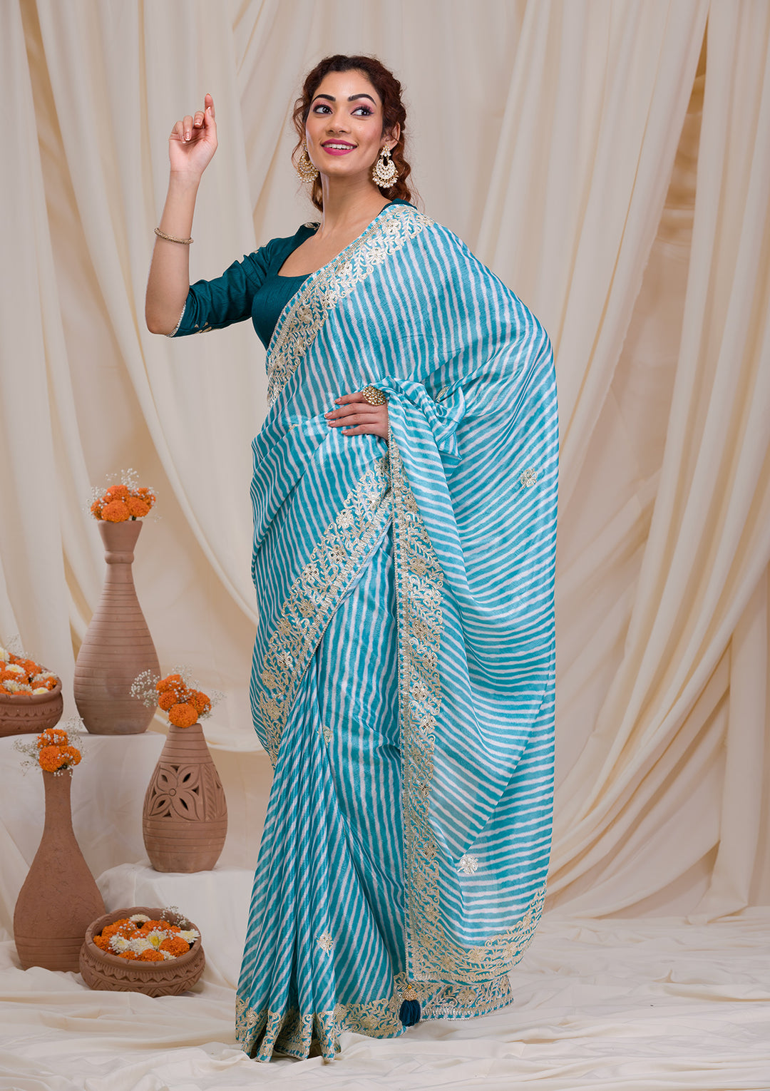 Sky Blue Satin Leheria Gotapatti Saree With Matching Blouse Piece