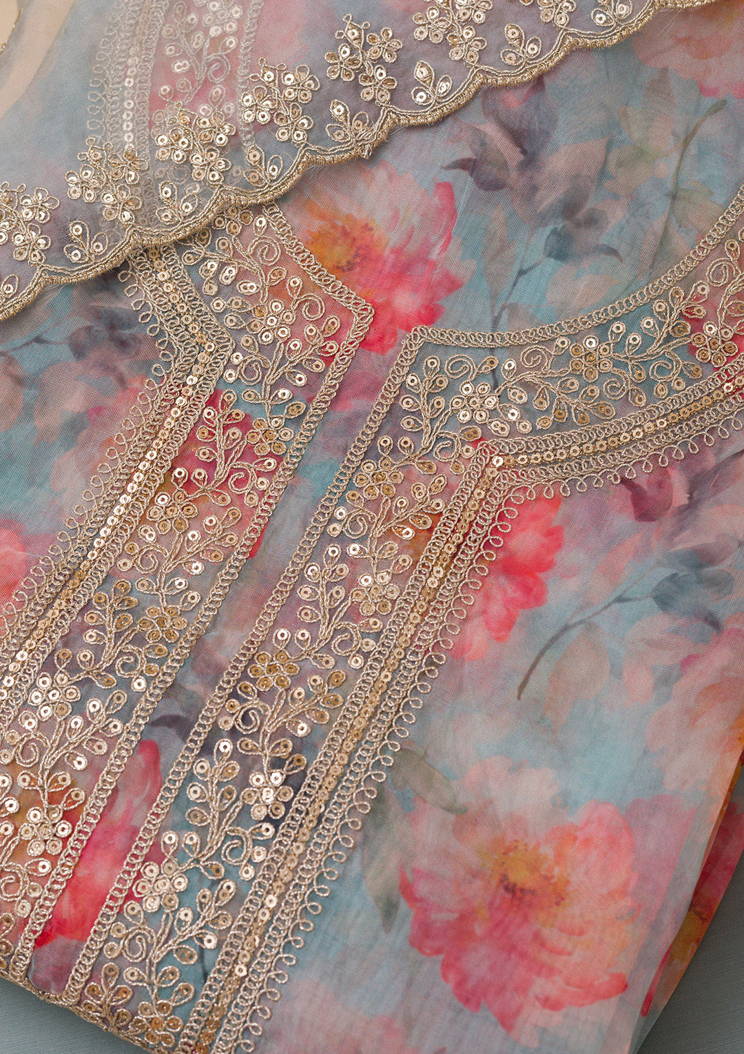 Sky Blue Printed Organza Unstitched Salwar Suit