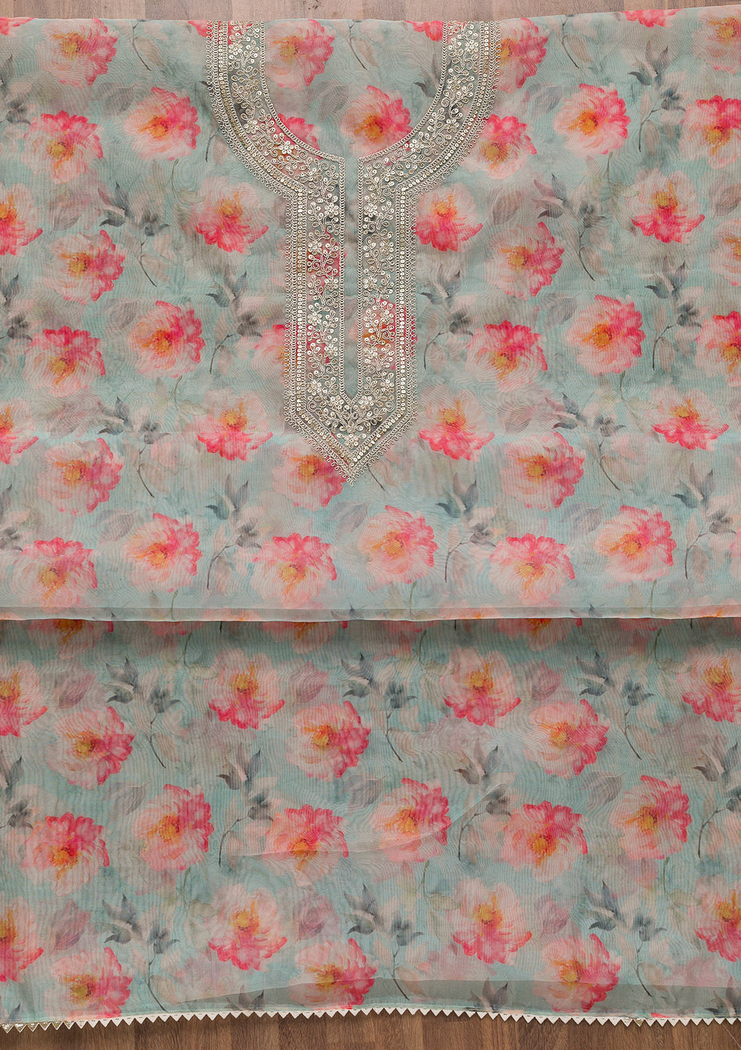 Sky Blue Printed Organza Unstitched Salwar Suit