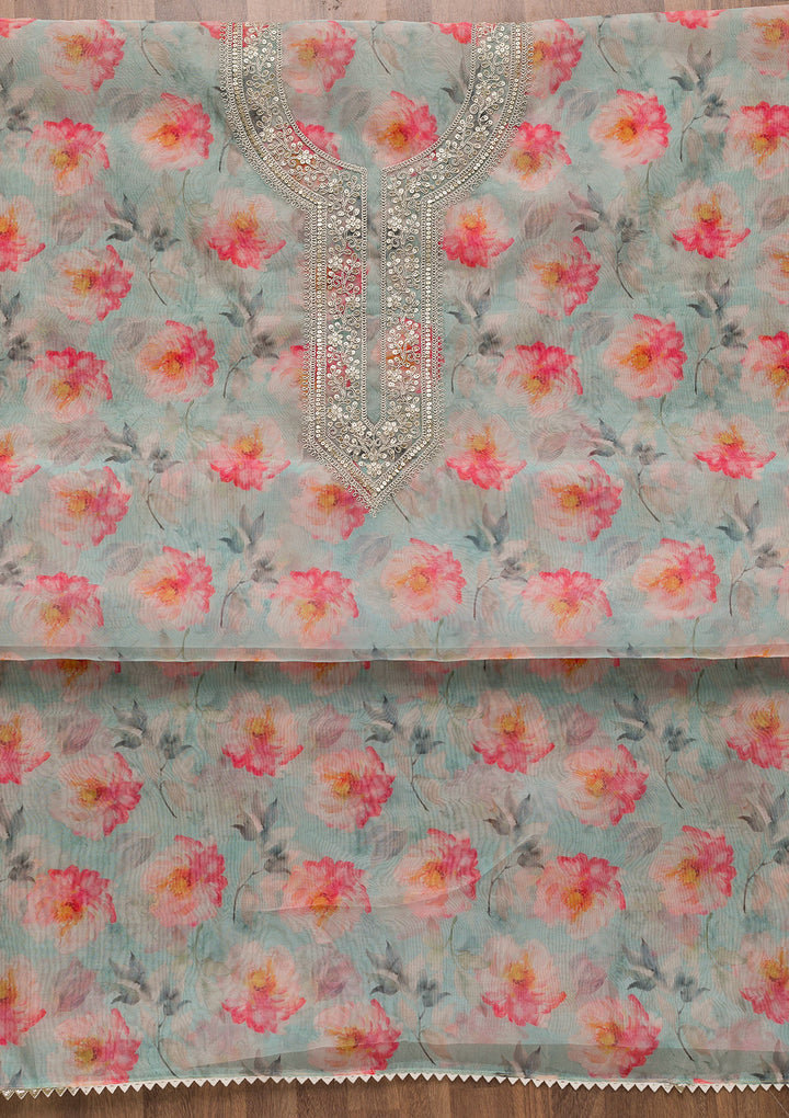 Sky Blue Printed Organza Unstitched Salwar Suit