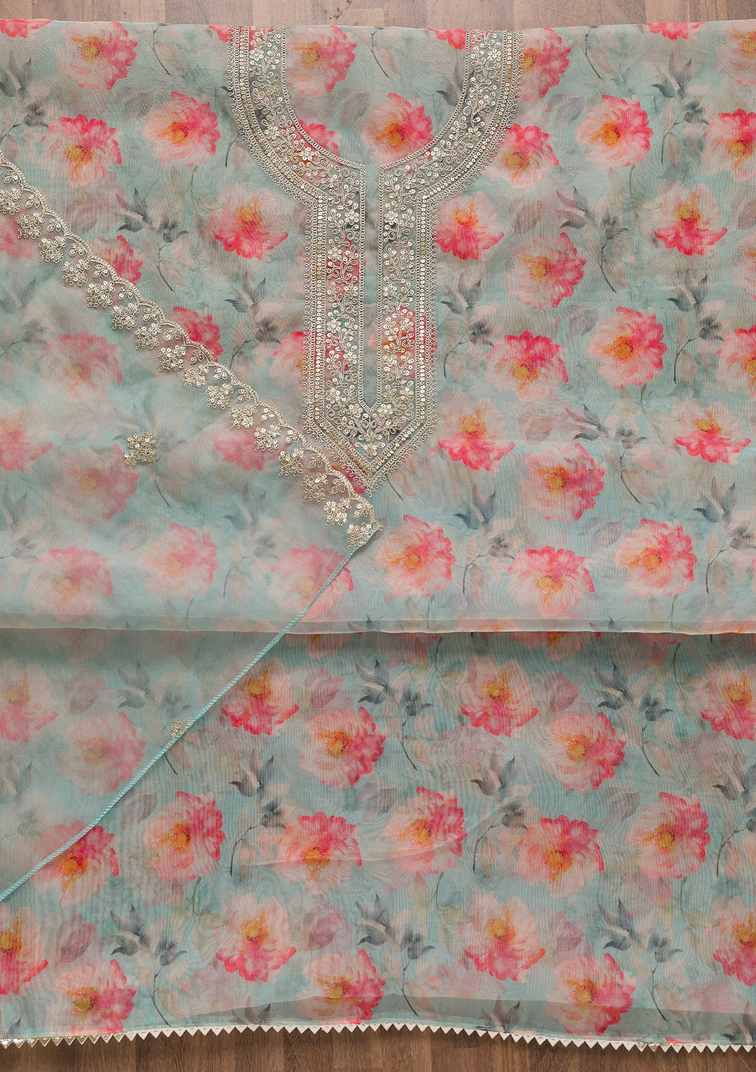 Sky Blue Printed Organza Unstitched Salwar Suit