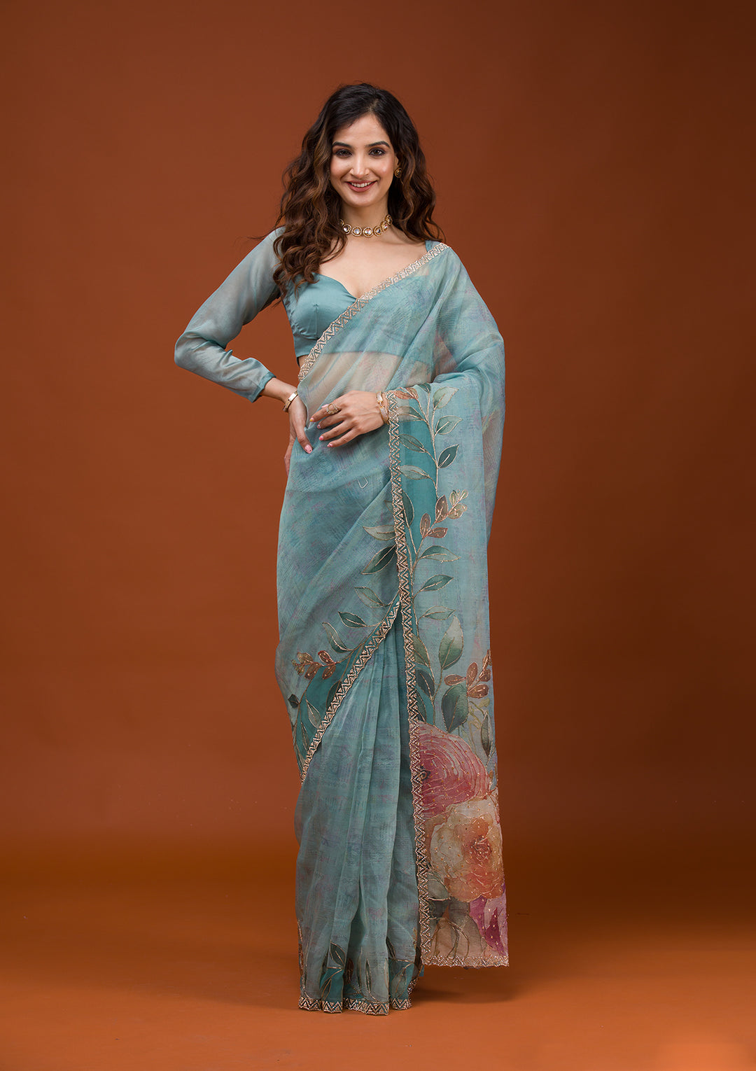 Sky Blue Printed Tissue Saree