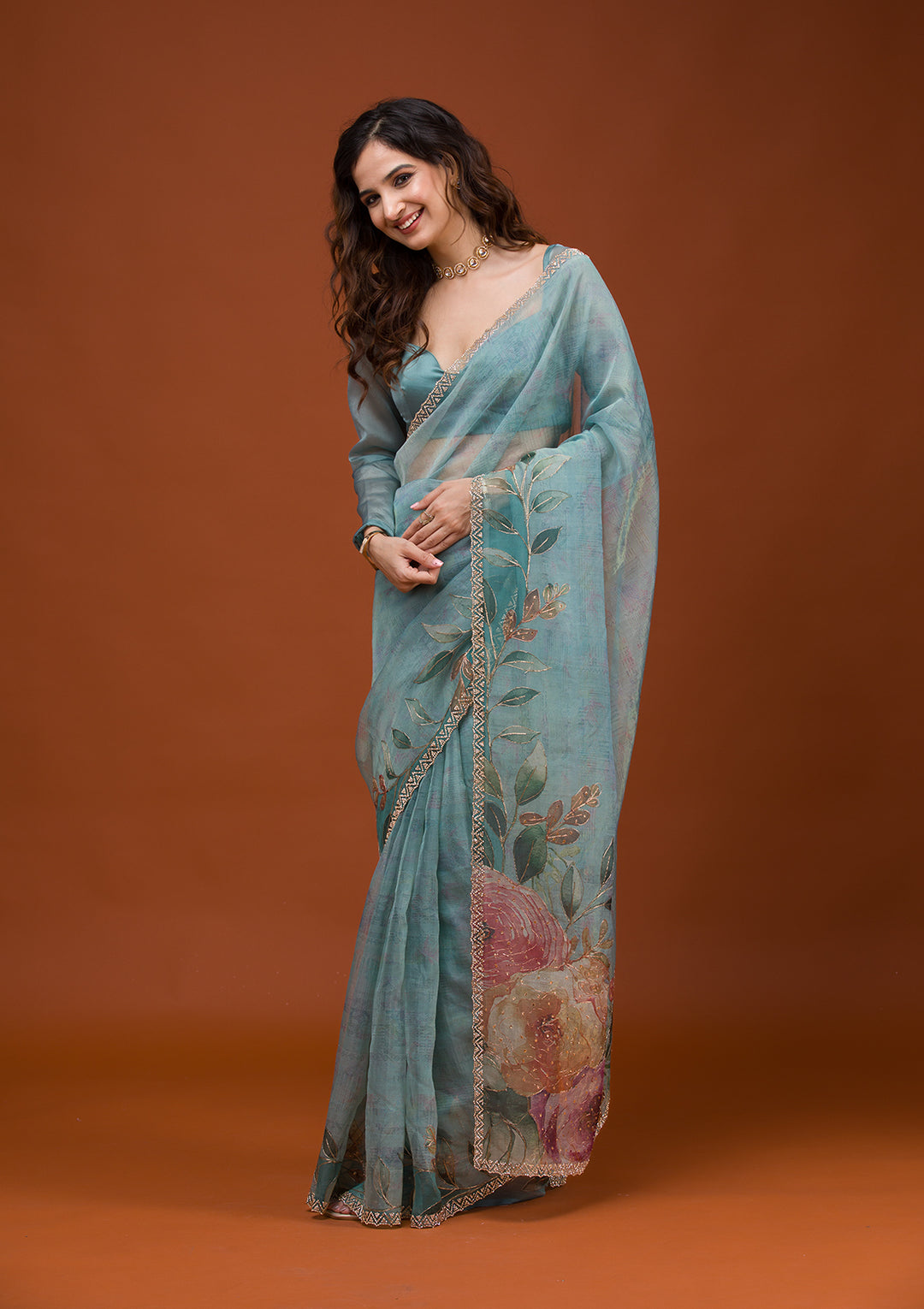 Sky Blue Printed Tissue Saree