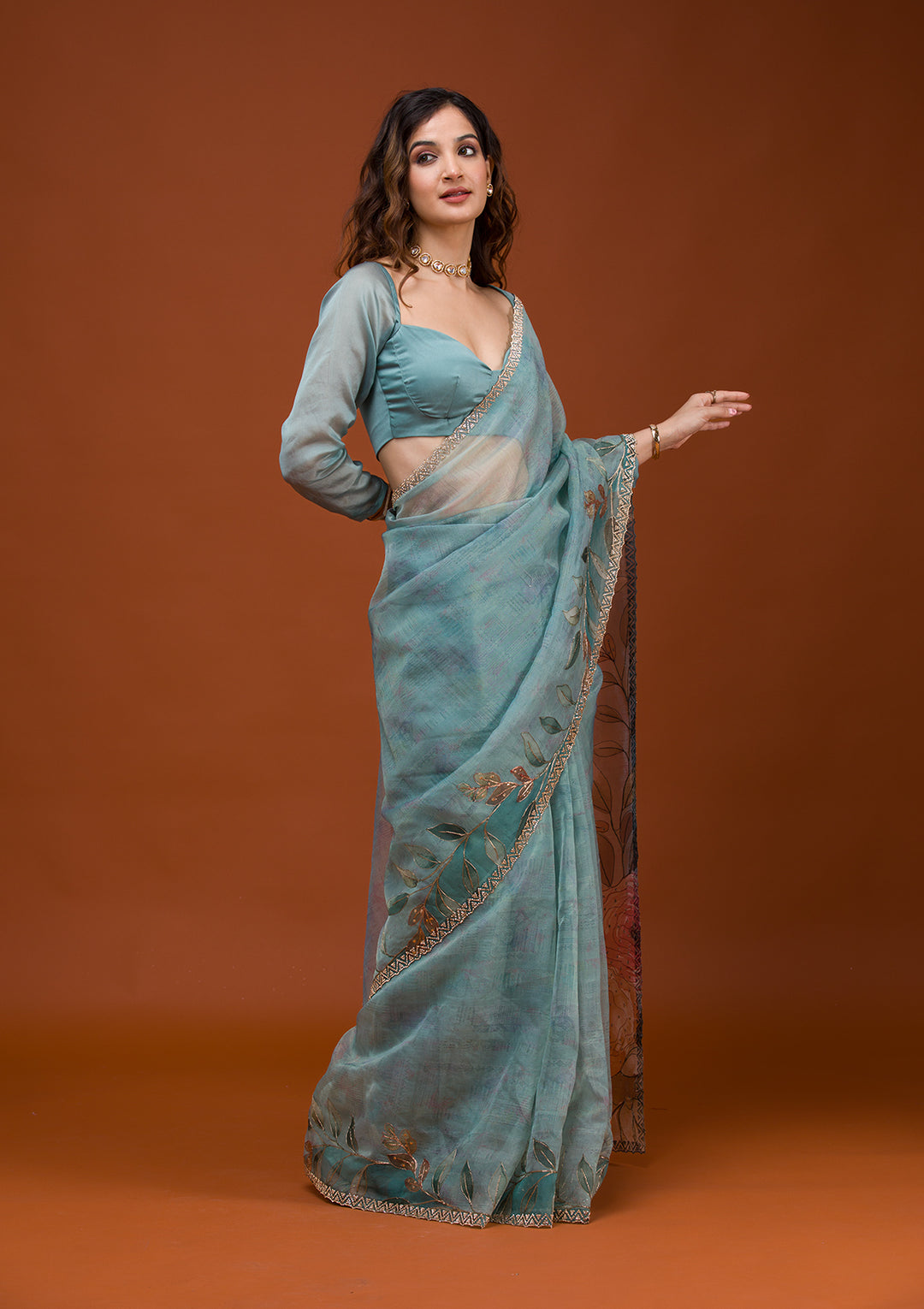 Sky Blue Printed Tissue Saree
