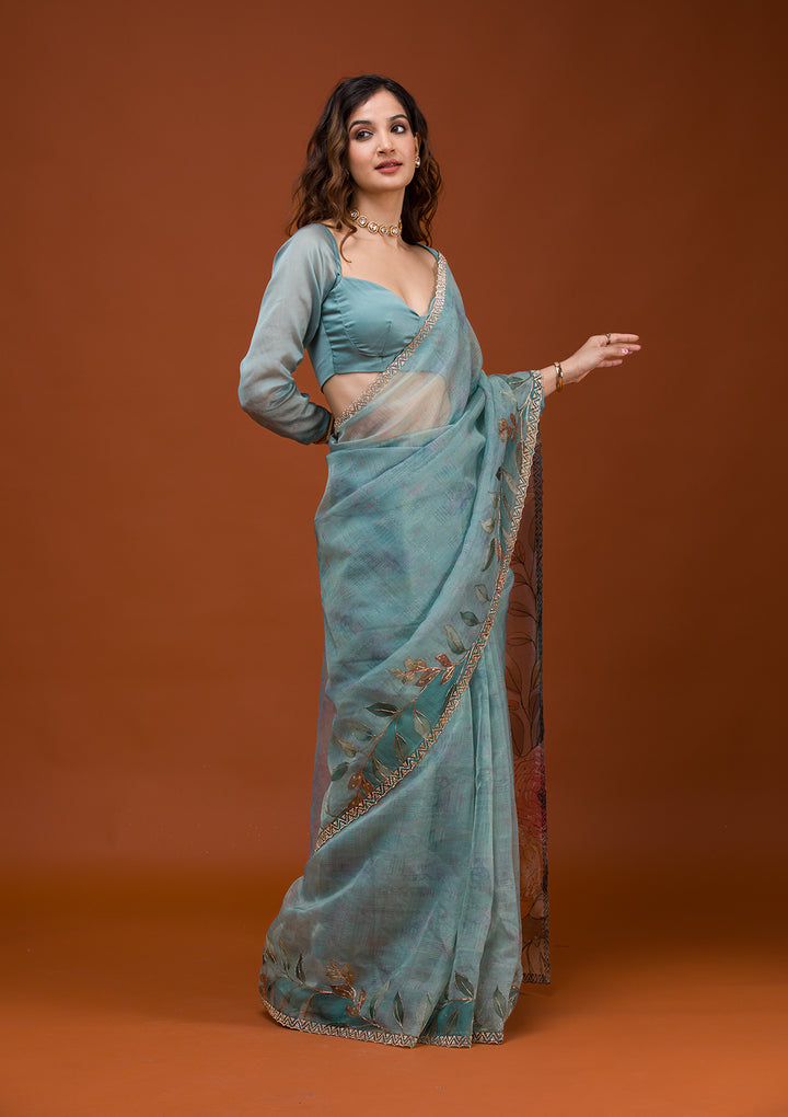 Sky Blue Printed Tissue Saree