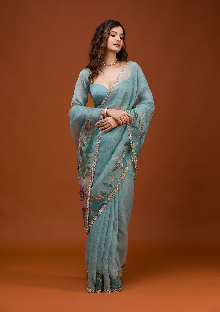 Sky Blue Printed Tissue Saree