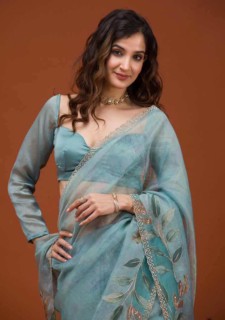 Sky Blue Printed Tissue Saree