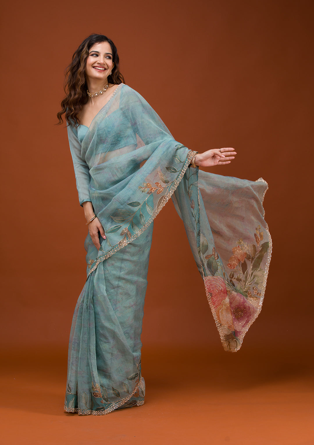 Sky Blue Printed Tissue Saree