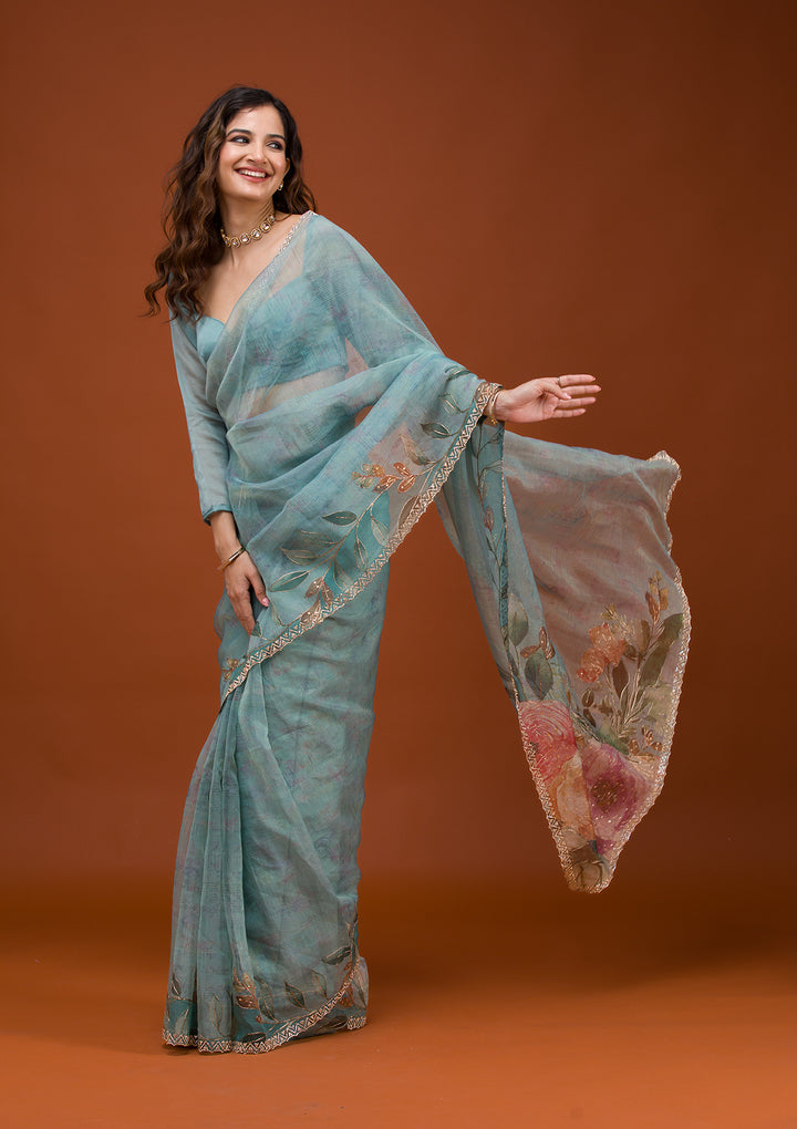 Sky Blue Printed Tissue Saree