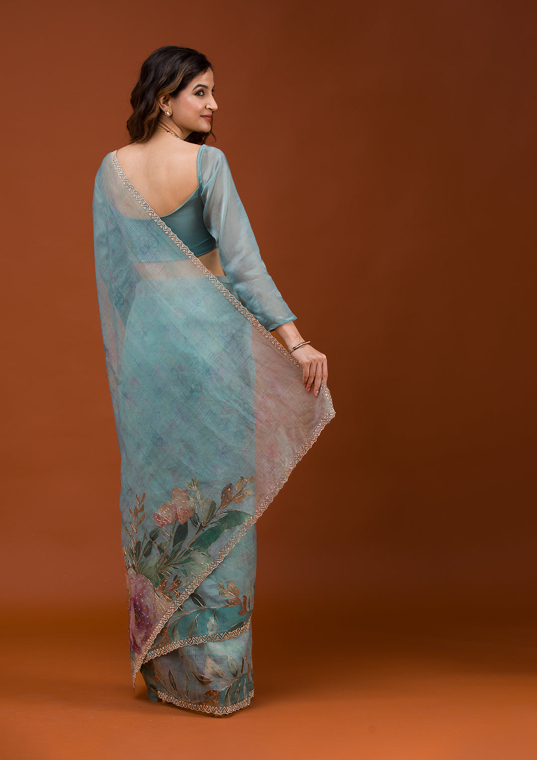 Sky Blue Printed Tissue Saree
