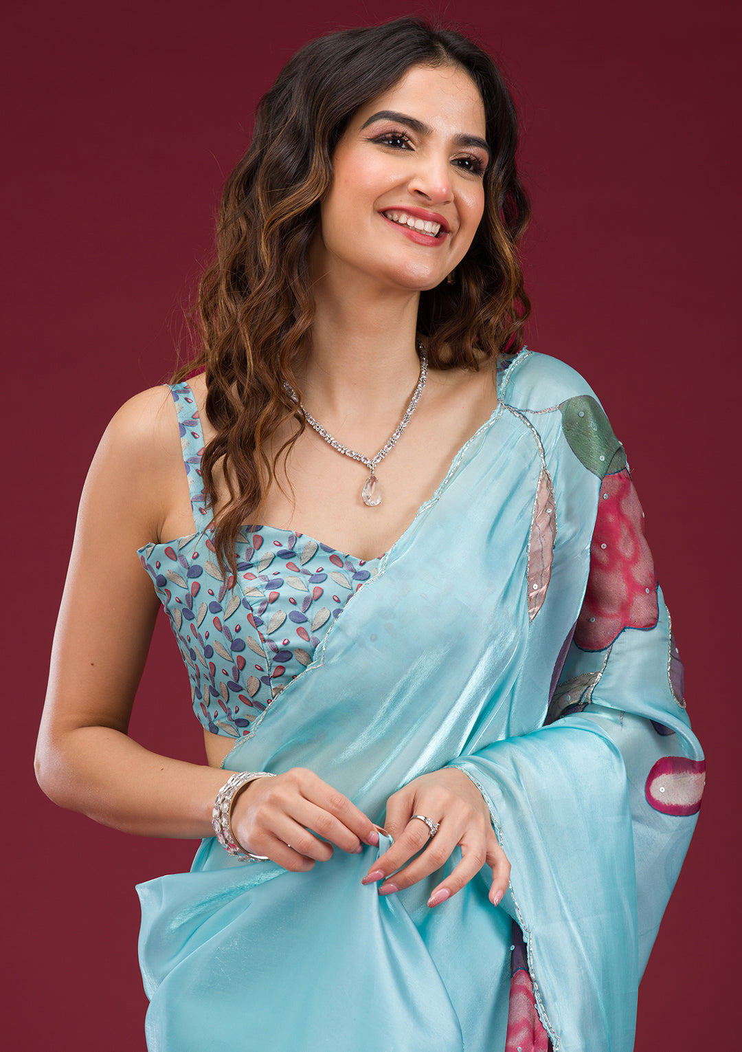 Sky Blue Organza Floral Cutdana Saree With Matching Blouse Piece