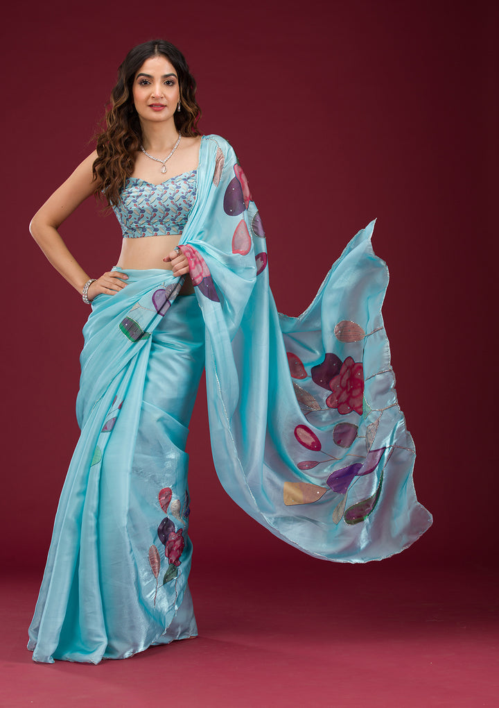 Sky Blue Organza Floral Cutdana Saree With Matching Blouse Piece