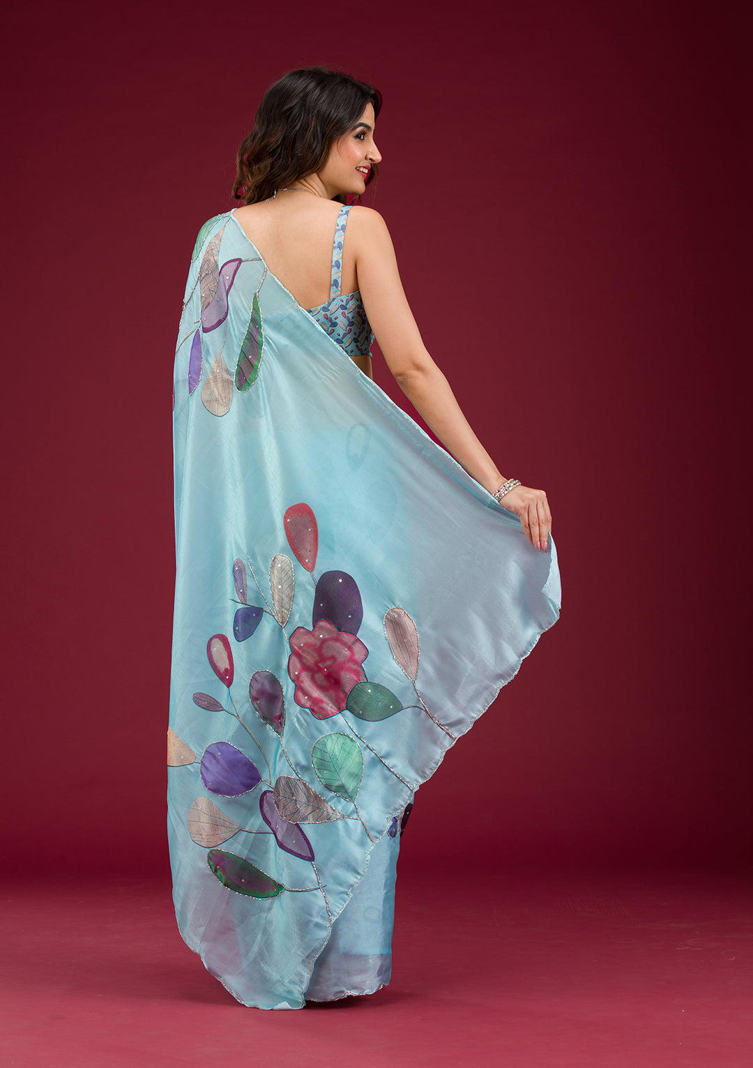 Sky Blue Organza Floral Cutdana Saree With Matching Blouse Piece