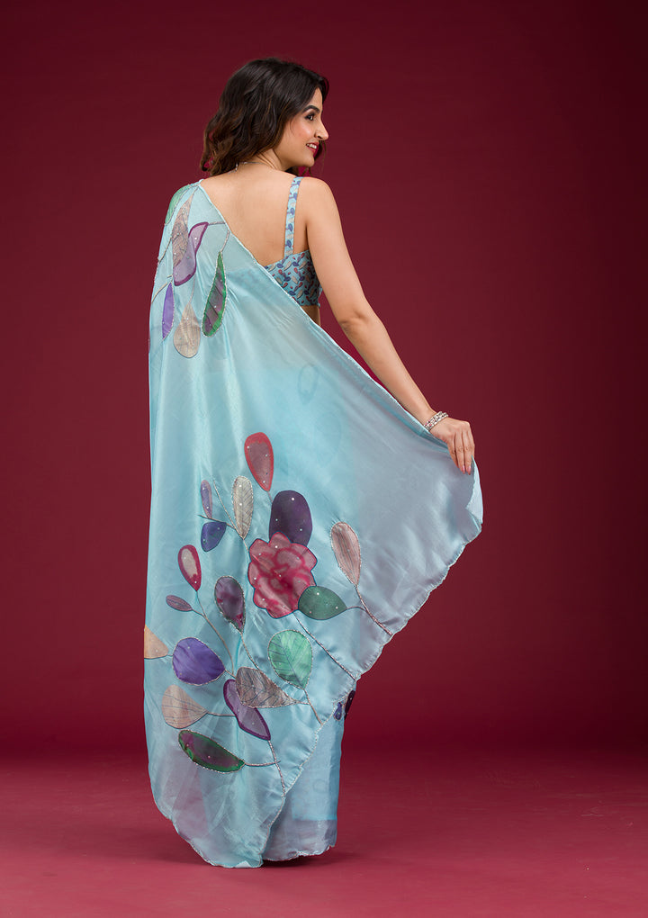 Sky Blue Organza Floral Cutdana Saree With Matching Blouse Piece