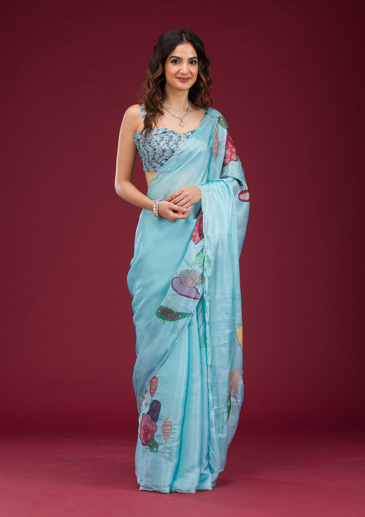 Sky Blue Organza Floral Cutdana Saree With Matching Blouse Piece
