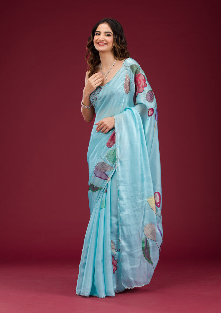 Sky Blue Organza Floral Cutdana Saree With Matching Blouse Piece