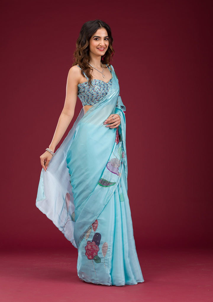 Sky Blue Organza Floral Cutdana Saree With Matching Blouse Piece