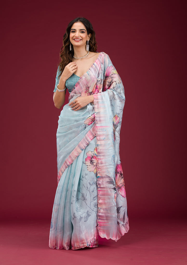 Koskii Organza Blue Floral Saree – Elegance Unstitched