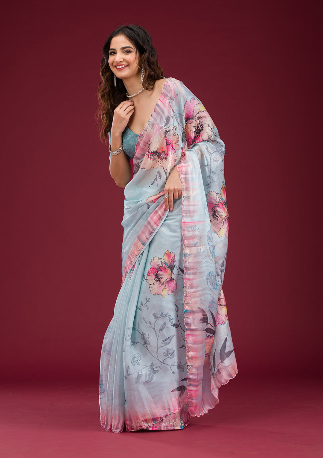 Koskii Organza Blue Floral Saree – Elegance Unstitched