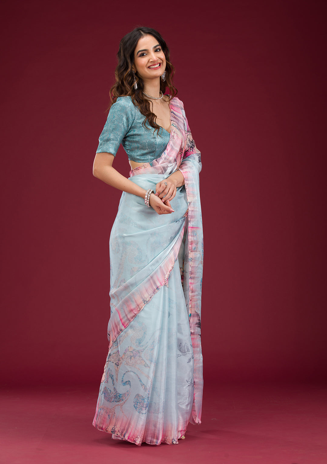 Koskii Organza Blue Floral Saree – Elegance Unstitched