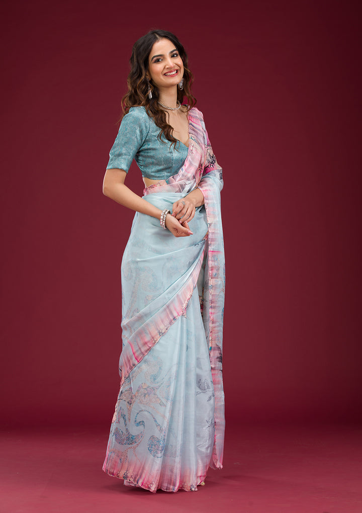 Koskii Organza Blue Floral Saree – Elegance Unstitched