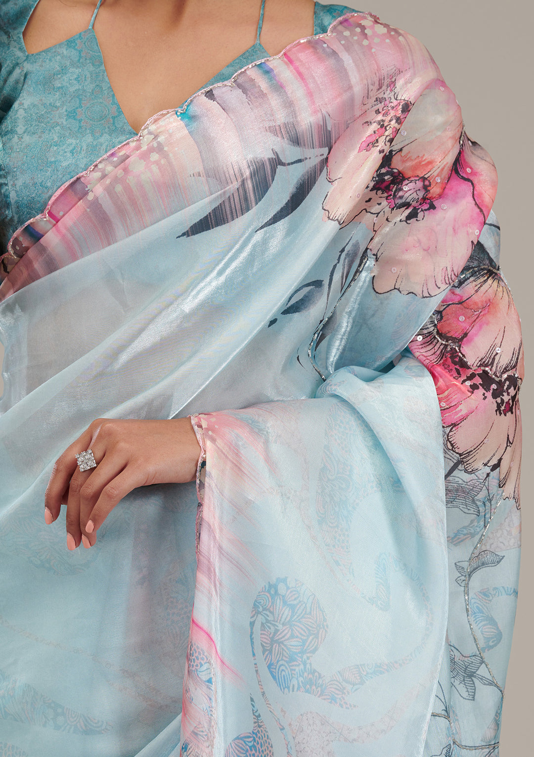 Koskii Organza Blue Floral Saree – Elegance Unstitched