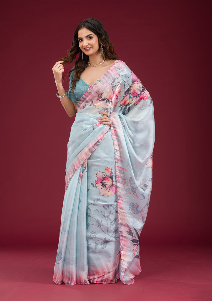 Koskii Organza Blue Floral Saree – Elegance Unstitched