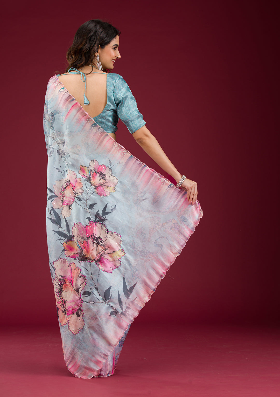 Koskii Organza Blue Floral Saree – Elegance Unstitched