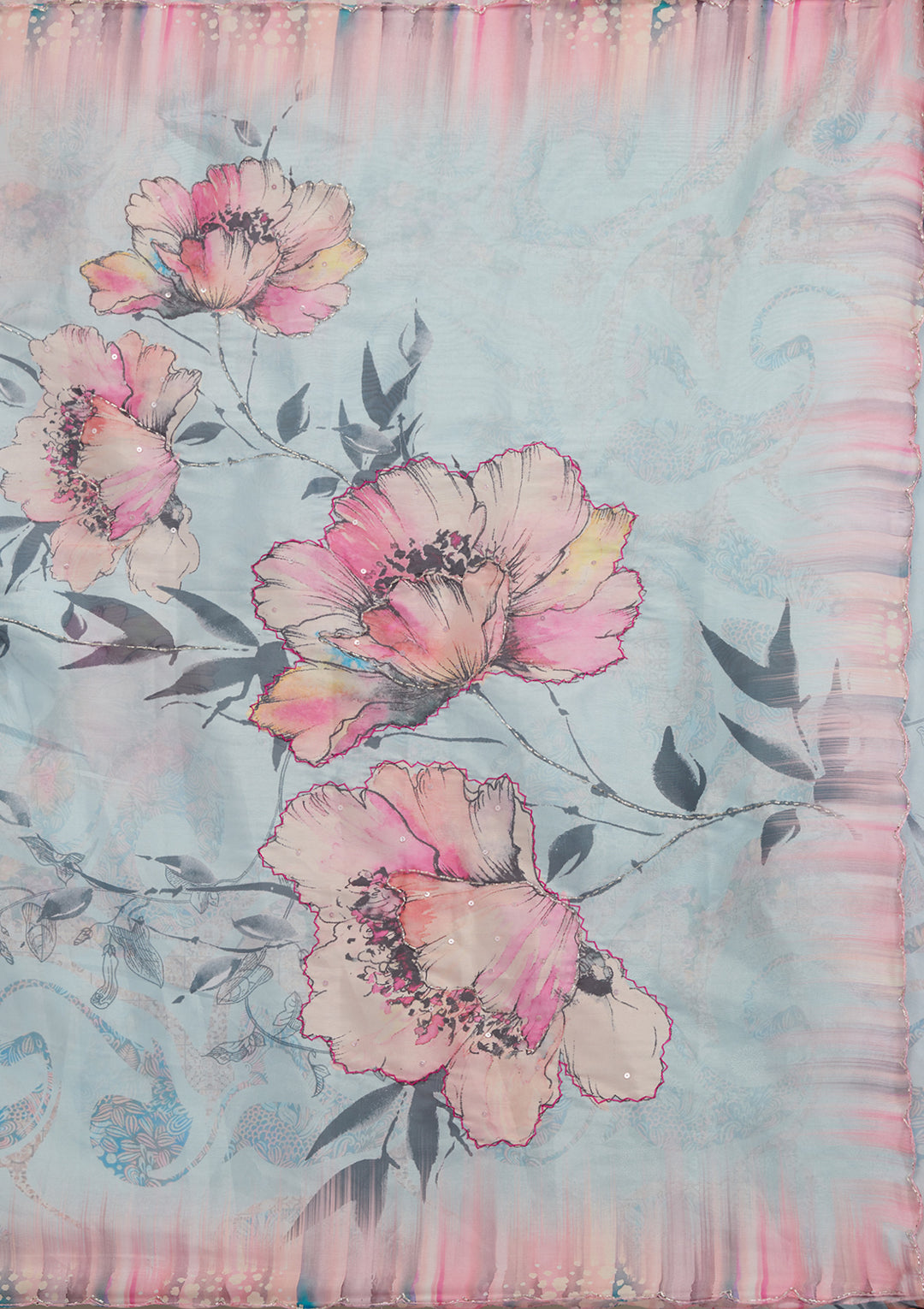 Koskii Organza Blue Floral Saree – Elegance Unstitched