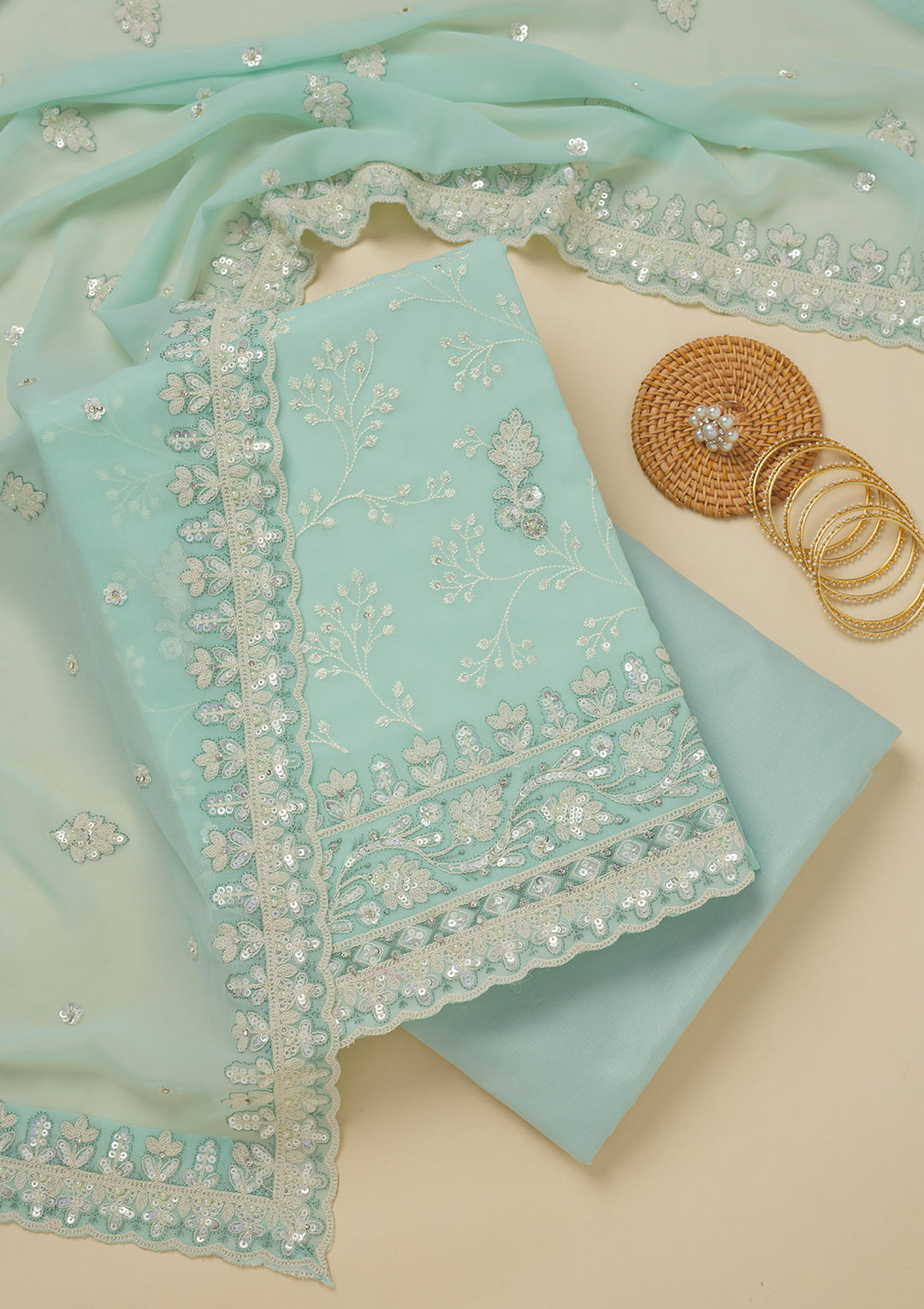 Sky Blue Sequins Georgette Unstitched Salwar Suit