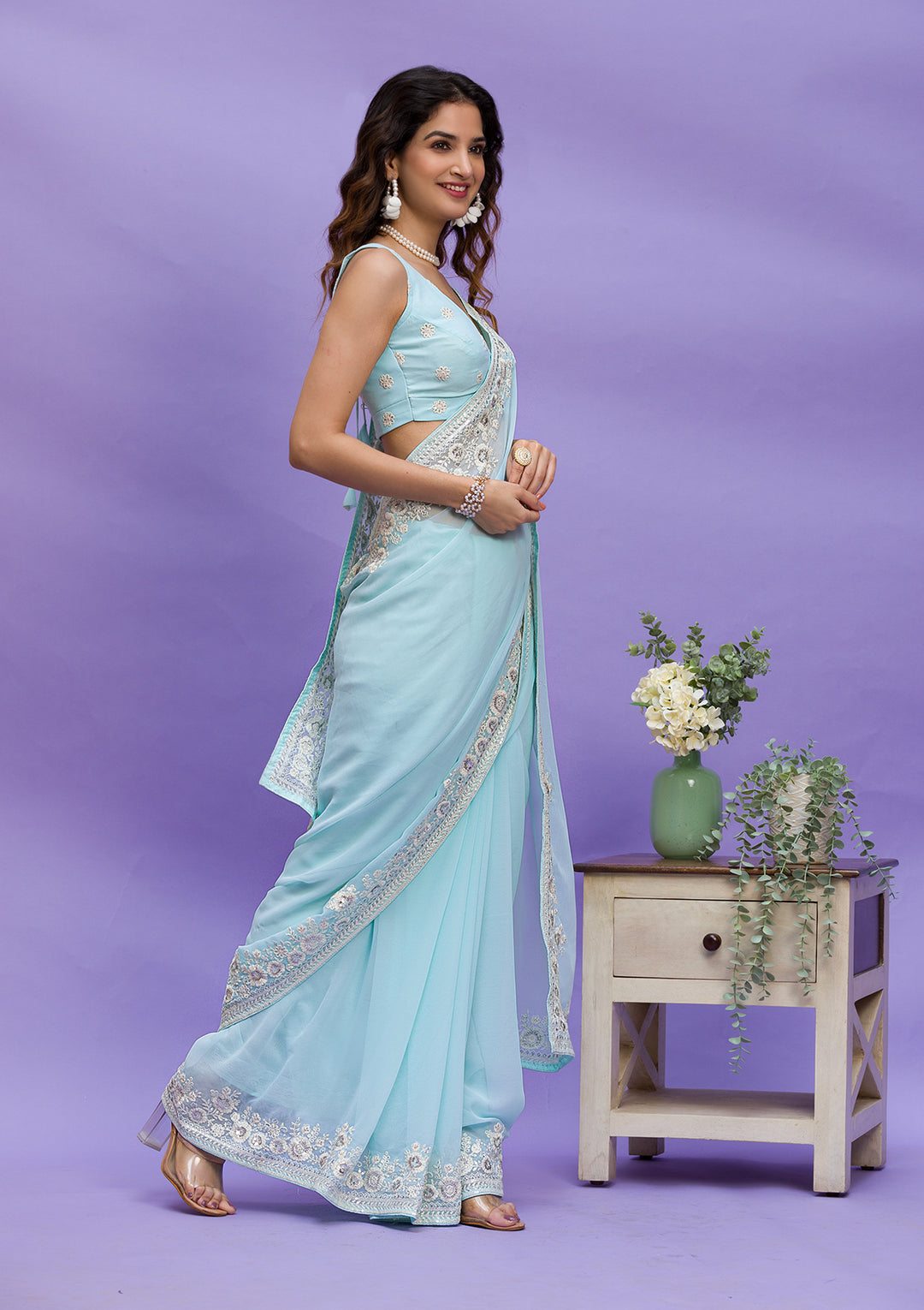 Sky Blue Georgette Sequins Saree With Matching Blouse Piece