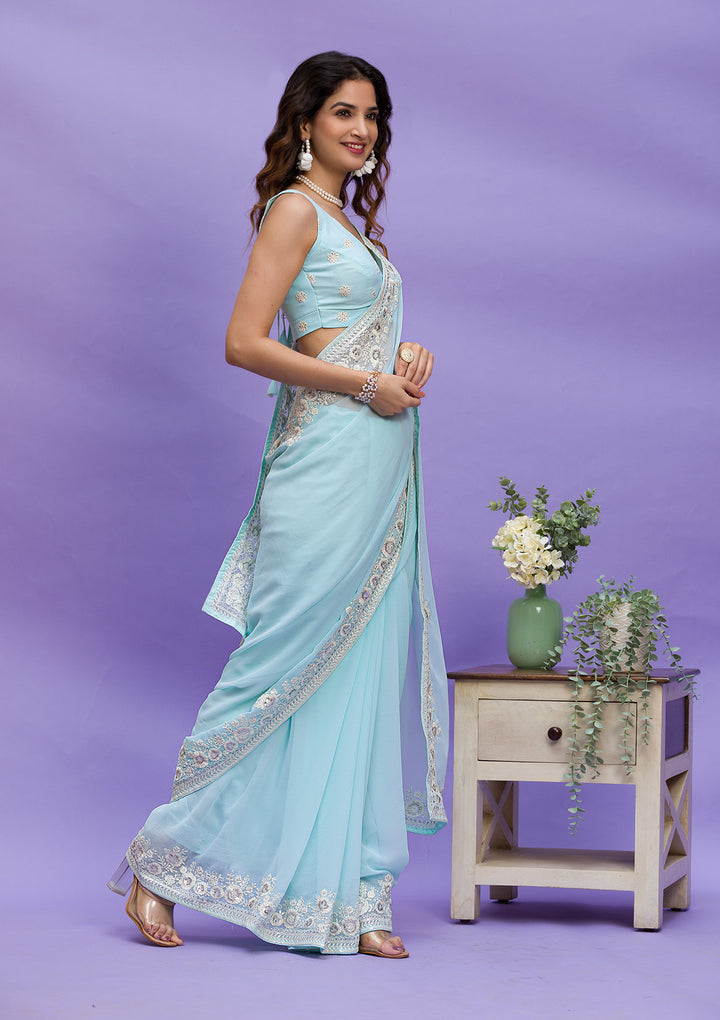 Sky Blue Georgette Sequins Saree With Matching Blouse Piece