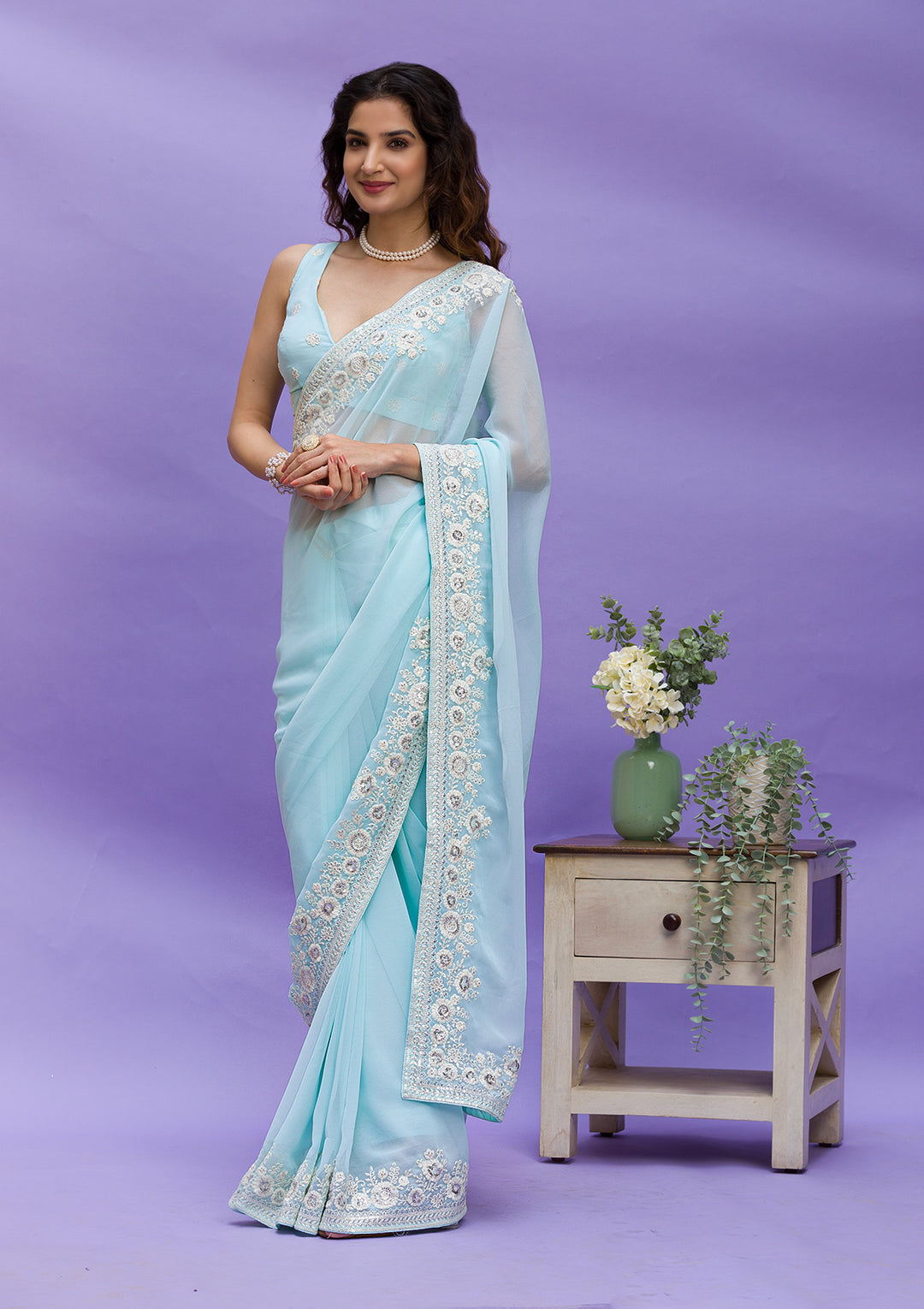 Sky Blue Georgette Sequins Saree With Matching Blouse Piece