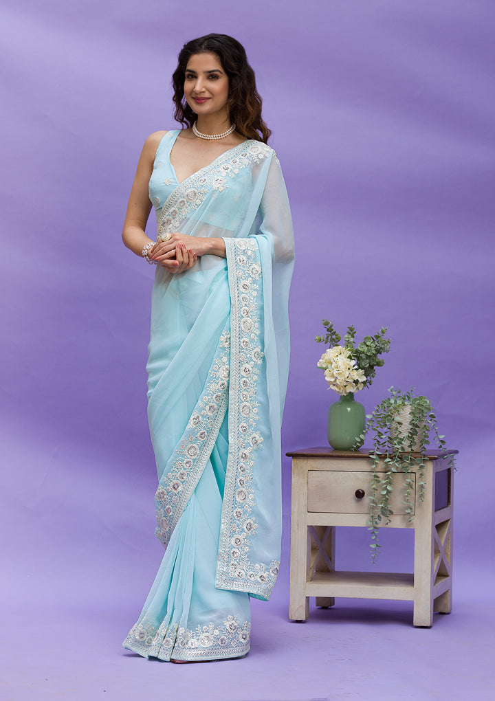 Sky Blue Georgette Sequins Saree With Matching Blouse Piece