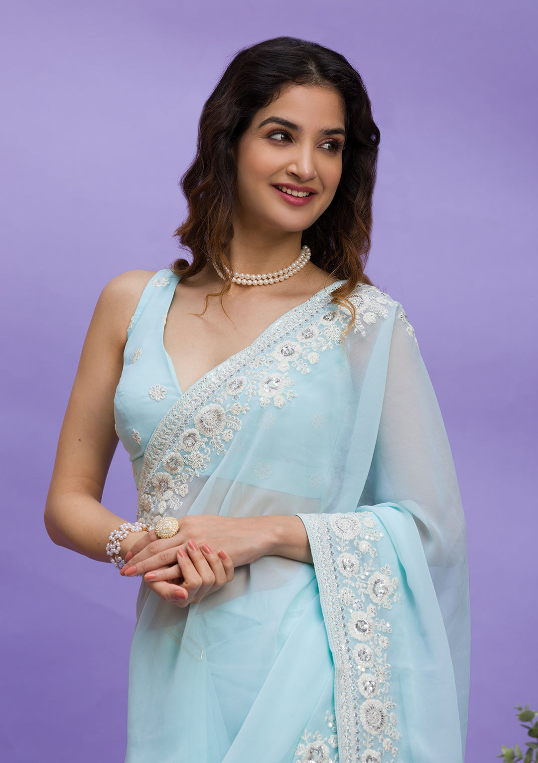 Sky Blue Georgette Sequins Saree With Matching Blouse Piece