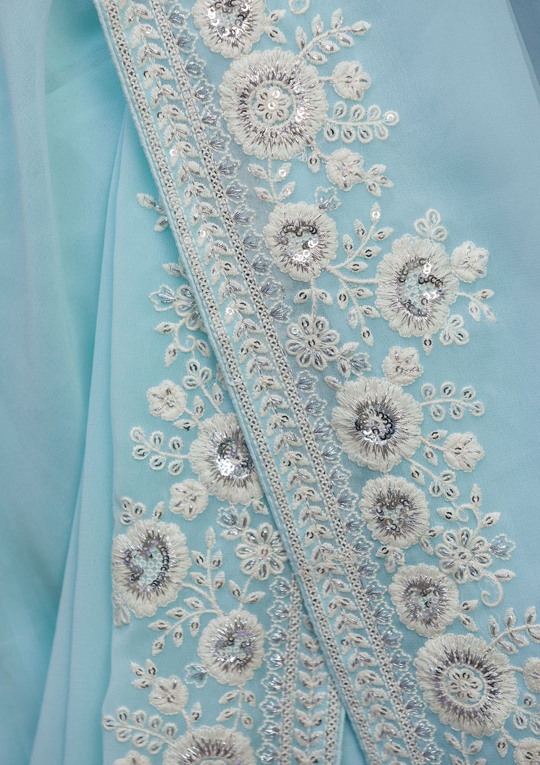Sky Blue Georgette Sequins Saree With Matching Blouse Piece