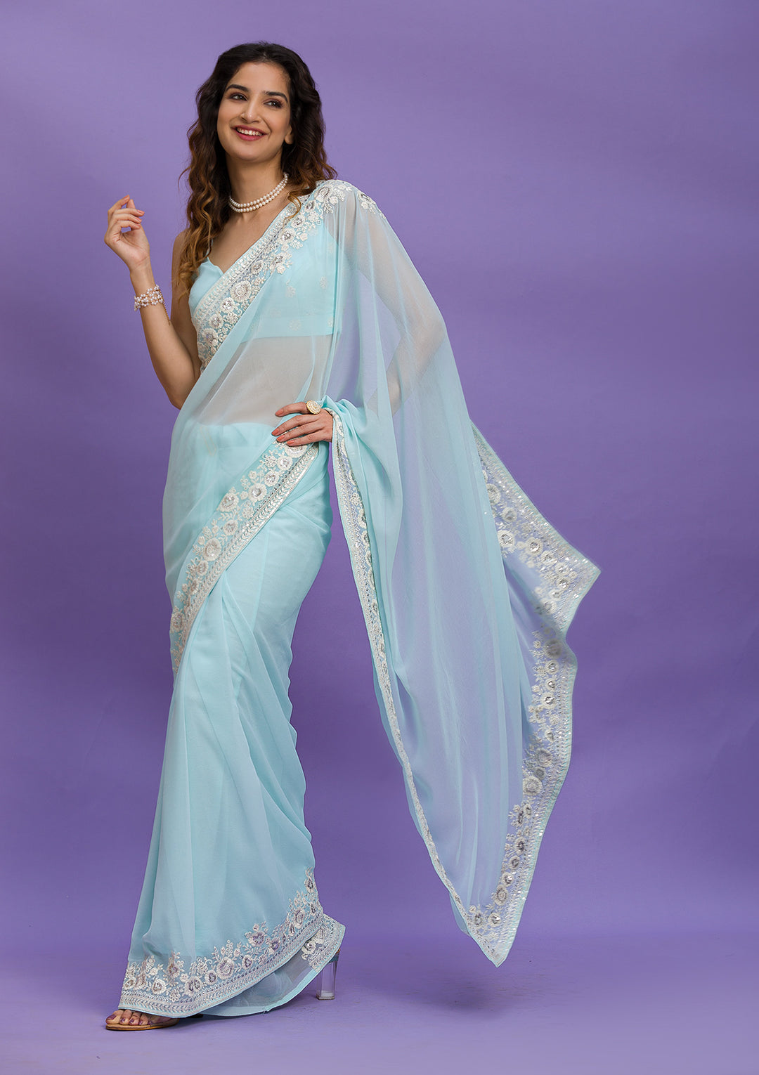 Sky Blue Georgette Sequins Saree With Matching Blouse Piece
